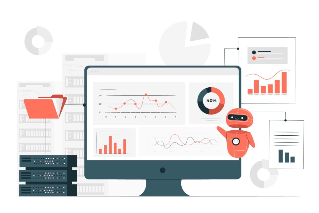 Business Intelligence and Artificial Intelligence combined, represented by a computer display showing graphs and charts, and a human hand inputting data.