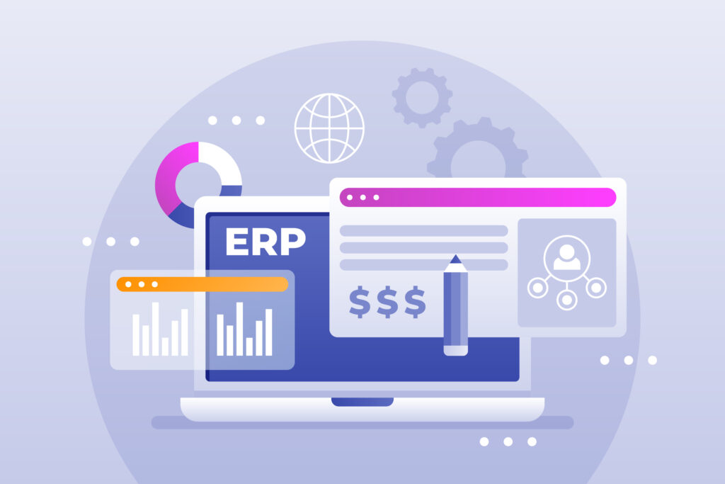 Image showing a computer with dollar signs, representing the costs and pricing associated with implementing an ERP system.